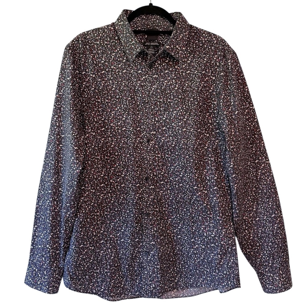 H&M Men's Slim Fit Micro Floral Print Button Down Shirt Black Purple Size Large